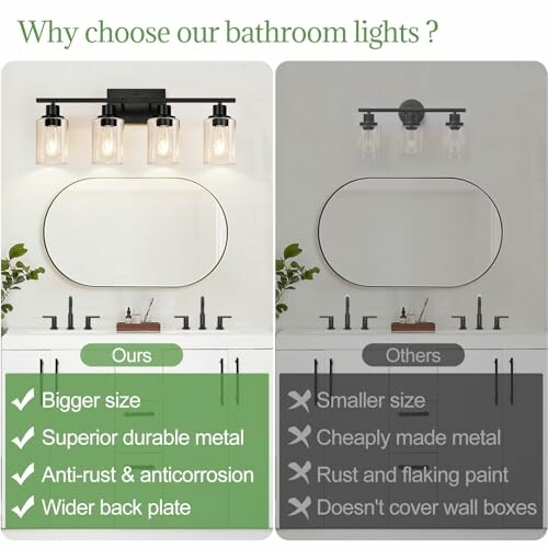 Comparison of two bathroom lights highlighting differences in size, material quality, and design features.