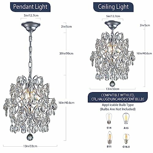 Elegant crystal pendant and ceiling lights with bulb compatibility details.