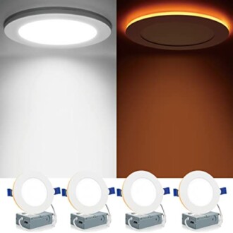 Comparison of LED recessed lighting in white and warm tones with four lights displayed.