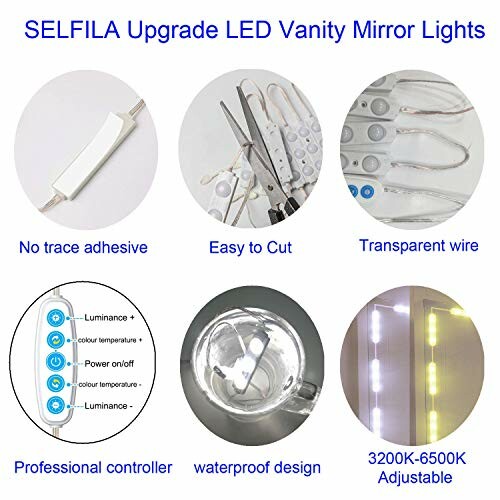 Features of SELFILA LED Vanity Mirror Lights including no trace adhesive, easy to cut, transparent wire, professional controller, waterproof design, adjustable color temperature.
