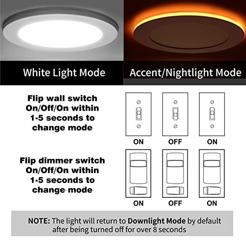 Diagram showing white light and nightlight modes with switch instructions.