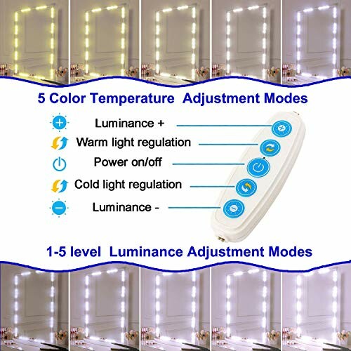 Mirror with adjustable light color and luminance modes.