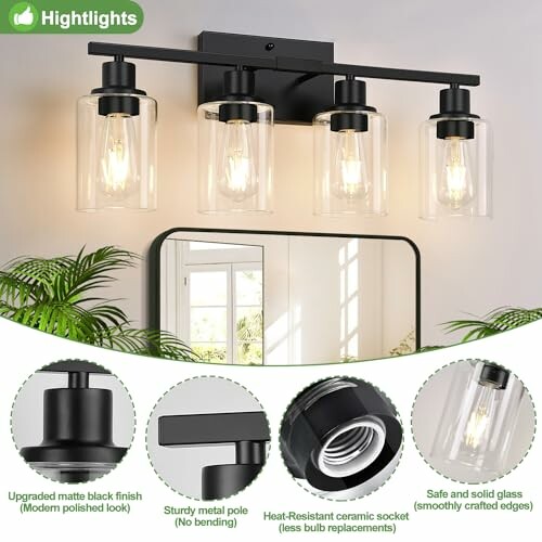 Modern bathroom vanity light fixture with four glass shades and black finish, featuring highlights and specifications.