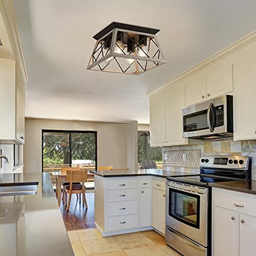 Modern kitchen with ceiling light fixture and stainless steel appliances.